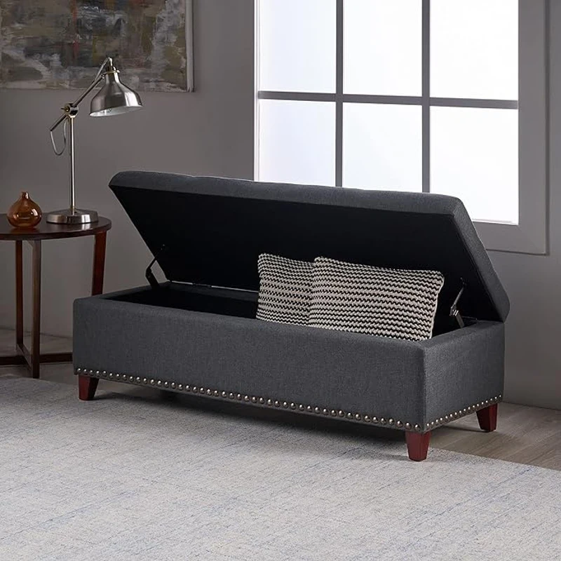 Storage Ottoman with Tufted Waffle Stitching, Nailhead Trim, Contemporary Design and Ample Storage Space, 50.85" L x 19.65" W x 15.75" H, Dark Gray