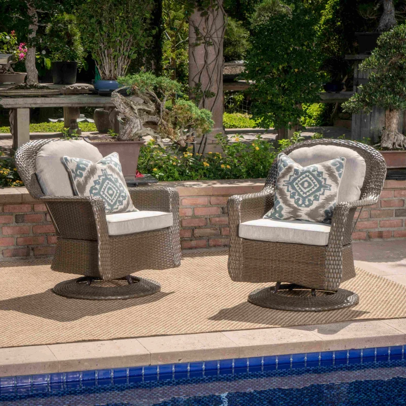 Swivel Club Chair Set of 2 with Water-Resistant Cushions, Outdoor Patio Furniture with Weather-Resistant Wicker, and Durable Rattan and Iron Construction, 29.5" L x 33" W x 35.75" H, Brown