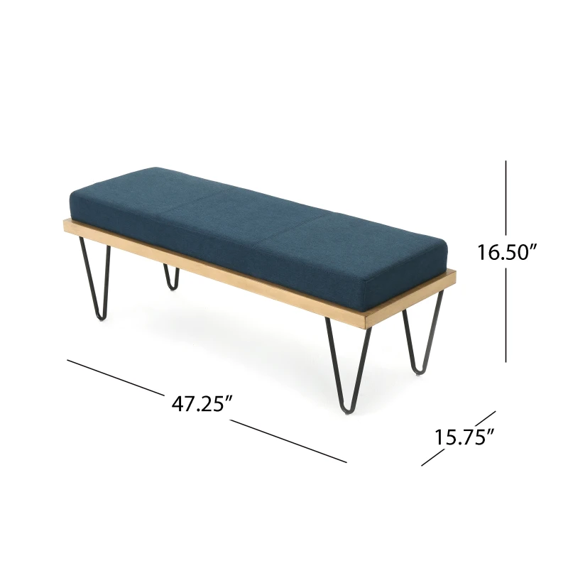 Stylish Bedroom Bench with Padded Seat Cushion, Upturned Wide U Shape, Light Assembly Required, 47.25" L x 15.75" W x 16.5" H, Navy Blue