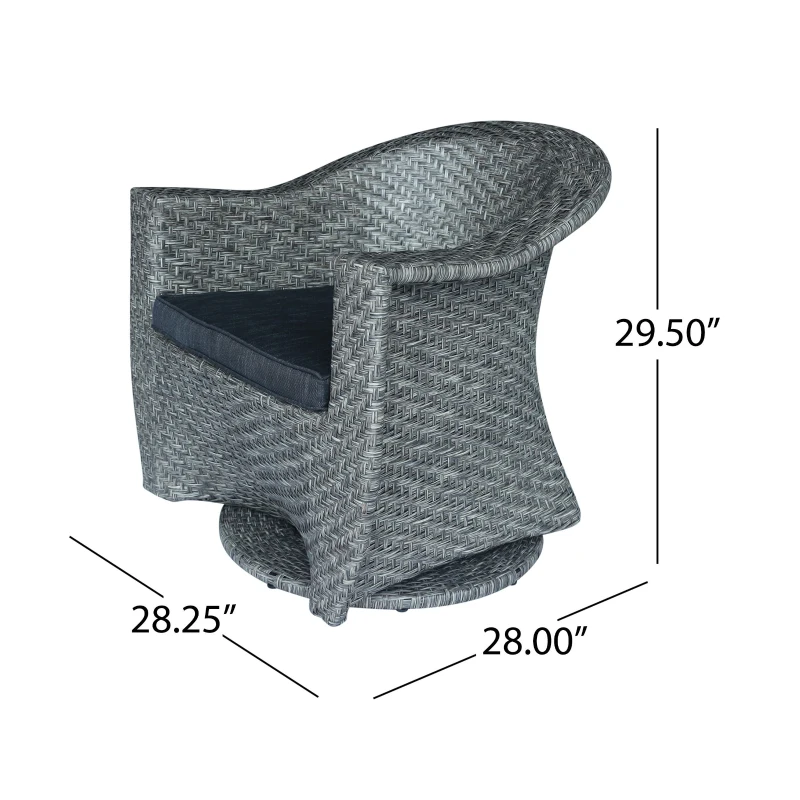 Modern Wicker Patio Chair with Water-Resistant Cushions, Swivel Chair, No Assembly Required, 28.25" x 28" x 29.5", Gray+Black
