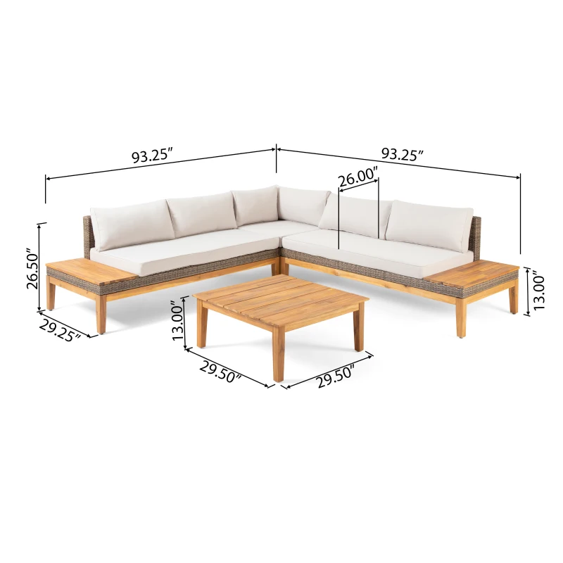Loft Outdoor Acacia Wood and Wicker 5 Seater Sectional Sofa Set with Water-Resistant Cushions, Built-In Side Tables, and Durable Polyethylene Rattan, 64"x30"x27", Teak
