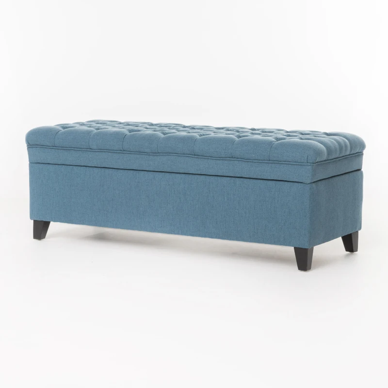 Storage Ottoman with Birch Legs, Hand-Tufted Fabric, 50" L x 20.5" W x 18.25" H, Spot Clean, Blue