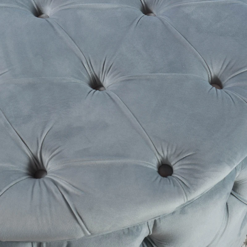 Modern Glam Round Velvet Ottoman with Cushioned Top, Sturdy Frame, and Space-Saving Design, 29.5" L x 29.5" W x 18" H, Light Gray