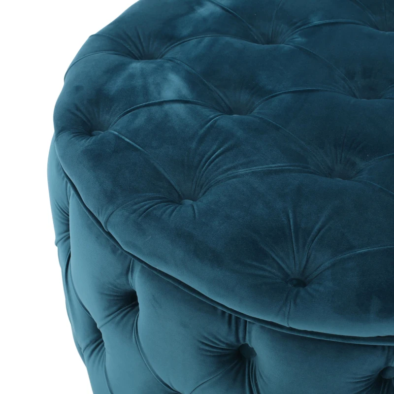 Modern Glam Round Velvet Ottoman with Cushioned Top, Sturdy Frame, and Space-Saving Design, 29.5" L x 29.5" W x 18" H, Teal
