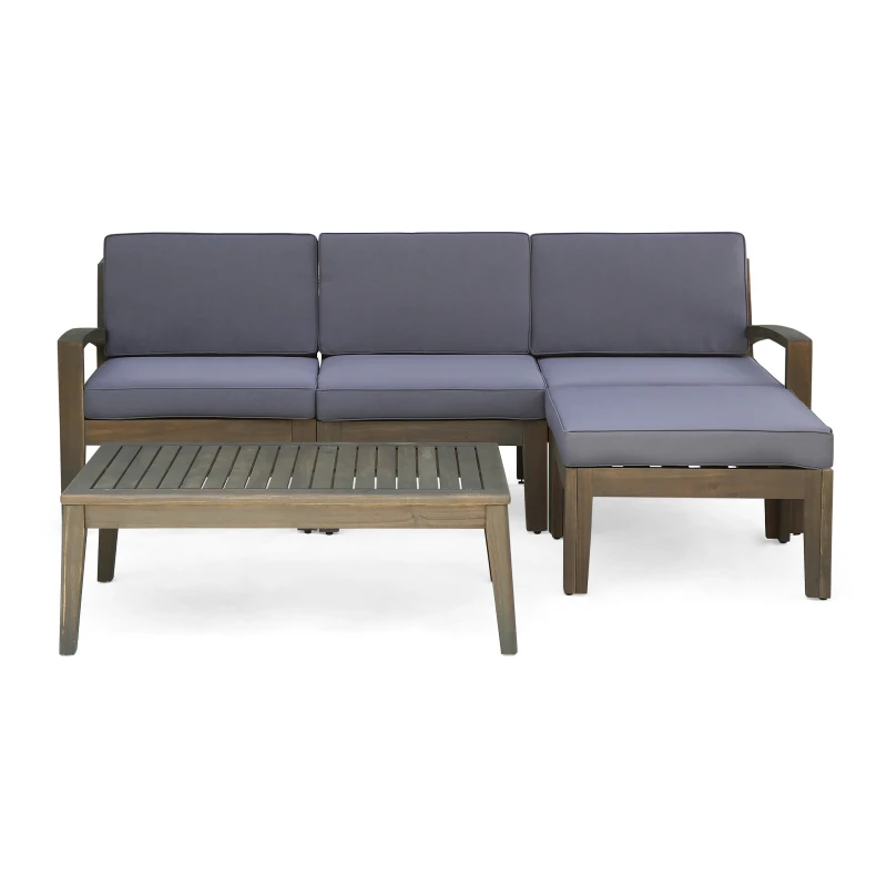 Transitional L-Shaped Patio Furniture Set, Acacia Wood Frame with Water-Resistant Cushions and Slat Panel Design, 27" L x 29.5" W x 26.25" H, Gray
