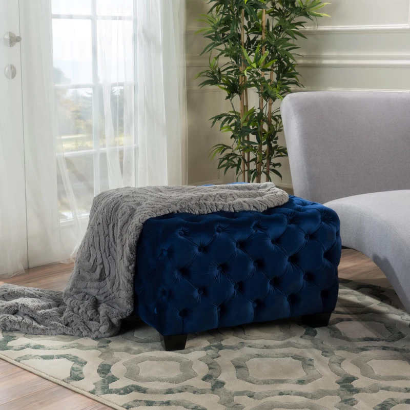 Velvet Ottoman with Cushioned Top, Sturdy Frame, and Space-Saving Design, 29" L x 29" W x 18.25" H, Navy Blue