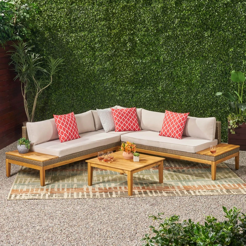Loft Outdoor Acacia Wood and Wicker 5 Seater Sectional Sofa Set with Water-Resistant Cushions, Built-In Side Tables, and Durable Polyethylene Rattan, 64"x30"x27", Teak