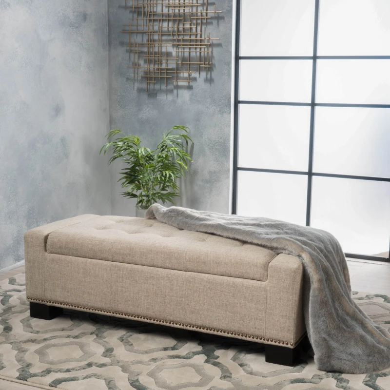 Storage Ottoman with Studs, Hinged Lid, Tufted Top, and Birch Legs, 50.85" L x 19.5" W x 17" H, Wheat
