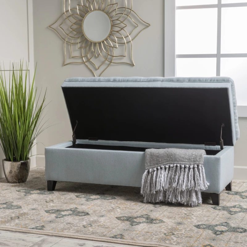 Storage Ottoman with Birch Legs, Hand-Tufted Fabric, 50" L x 20.5" W x 18.25" H, Spot Clean, Light Blue Gray