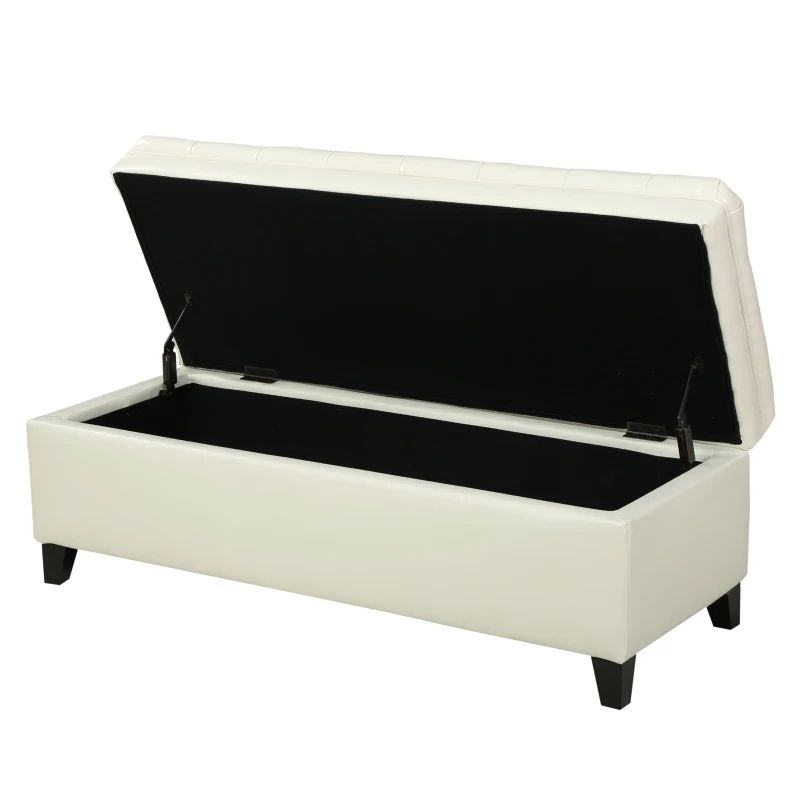Storage Ottoman with Birch Legs, Faux Leather Tufted, 50" L x 20.5" W x 18.25" H, Spot Clean, Ivory