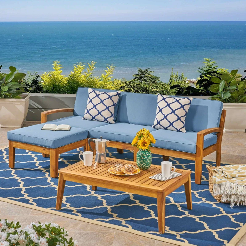 Transitional L-Shaped Patio Furniture Set, Acacia Wood Frame with Water-Resistant Cushions and Slat Panel Design, 27" L x 29.5" W x 26.25" H, Blue
