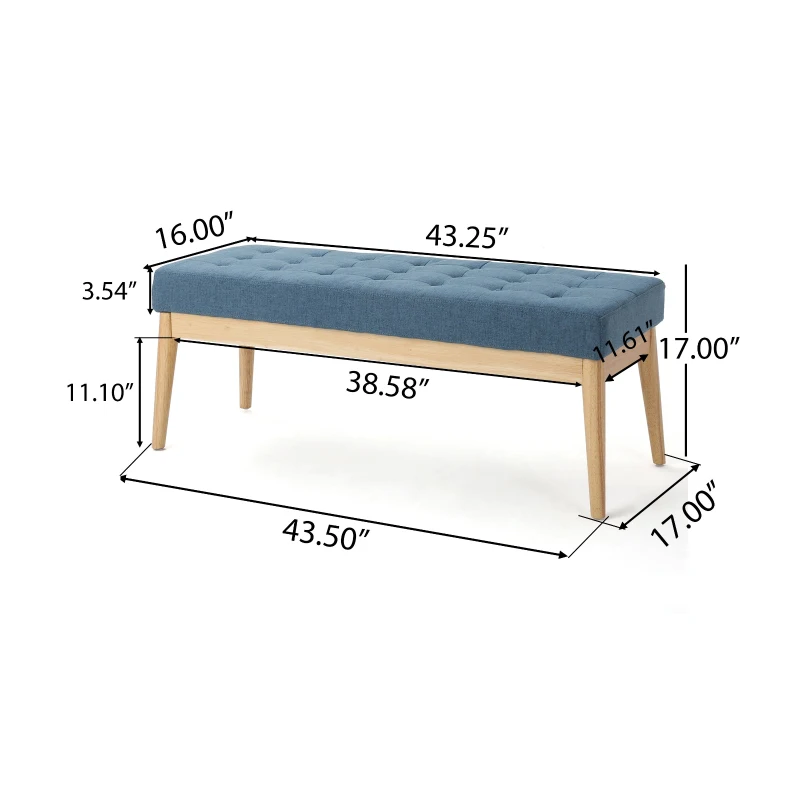 Fabric Ottoman with Cushioned Top, Sturdy Frame, and Space-Saving Design, 43.5" L x 15.75" W x 17" H, Blue
