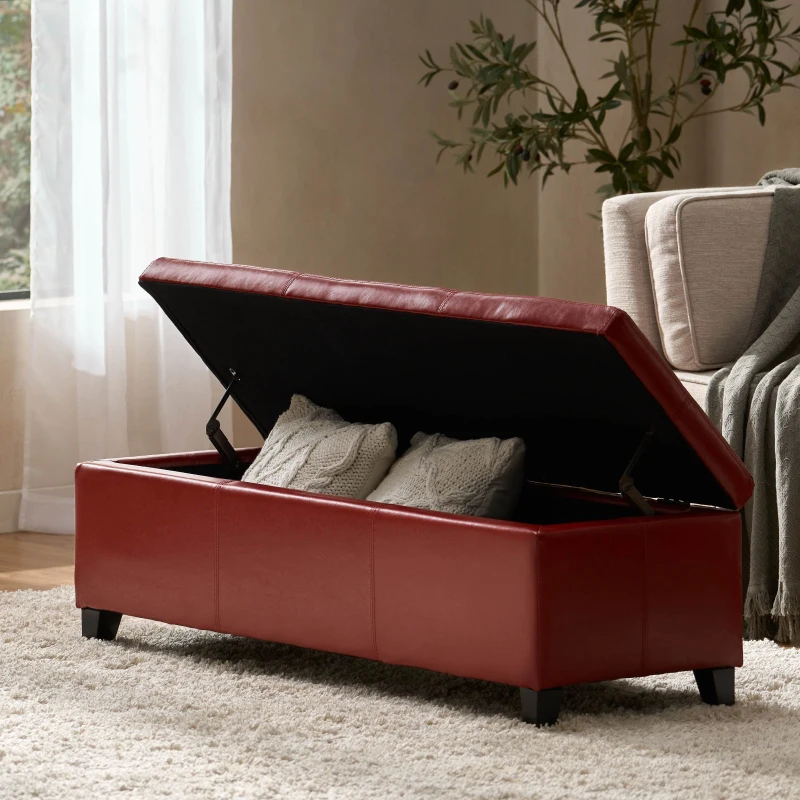 Storage Ottoman with Contemporary Design, Upholstered Seating, Versatile Storage Bench, 51.25" L x 17.5" W x 16.25" H, Red