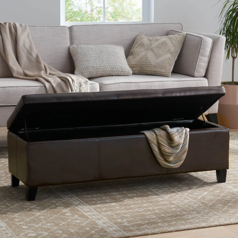 Faux Leather Storage Ottoman Bench, Solid Wood Construction, Versatile Seating and Storage, 51.25" L x 17.5" W x 16.25" H, Brown
