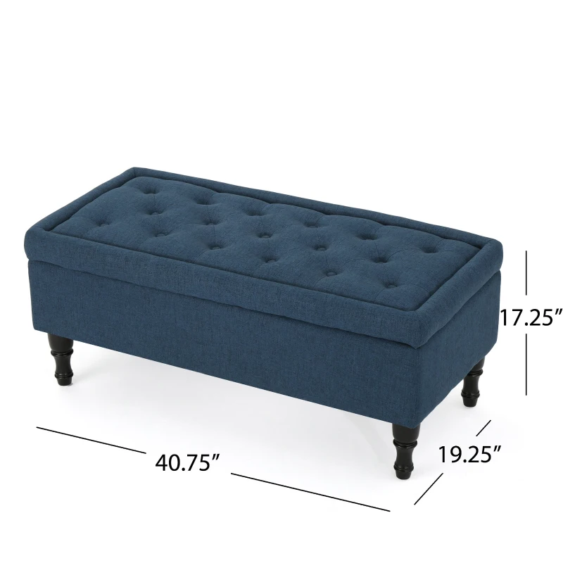Storage Ottoman with Tufted Top and Dark Wooden Legs, Multi-Functional Suede Upholstery, 40.75" L x 19.25" W x 17.25" H, Navy Blue