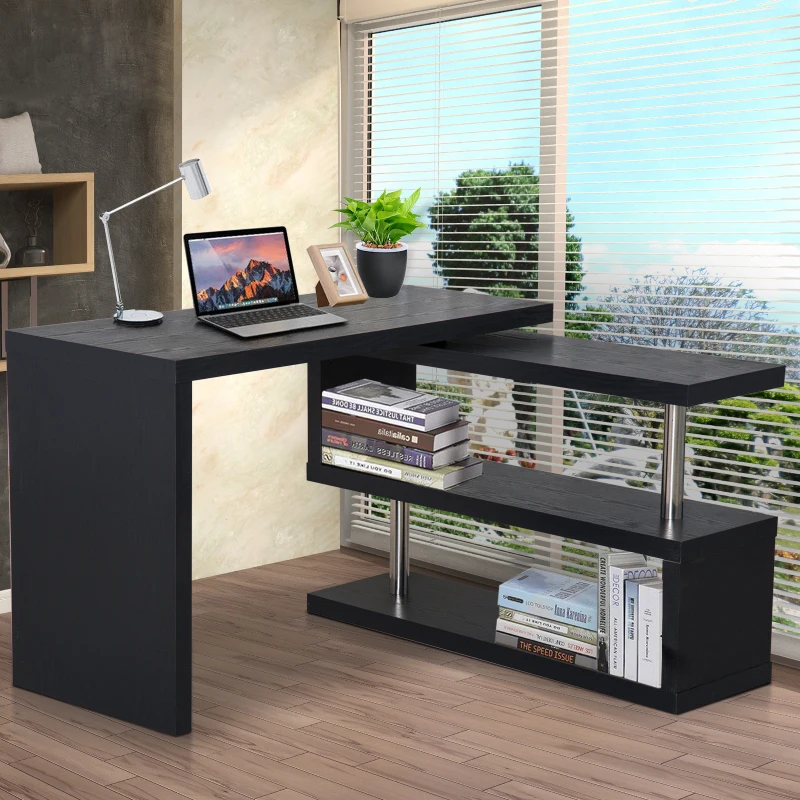 HOMCOM Pivoting Hollow Core Wood Computer Desk Storage Display Shelf Bookshelf Divider Black