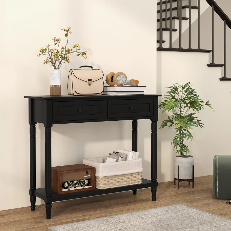 HOMCOM Hallway Console Table, Modern Entryway Table with 2 Drawers, Storage Shelf, Turned Legs for Living Room, Bedroom, Black