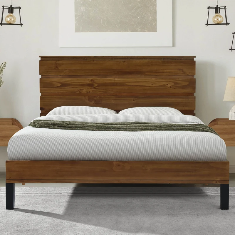 Vinsetto Mid-Century Modern Solid Wood Queen Bed Frame with Six-Piece Headboard, No Box Spring Needed, Easy Assembly, Brown