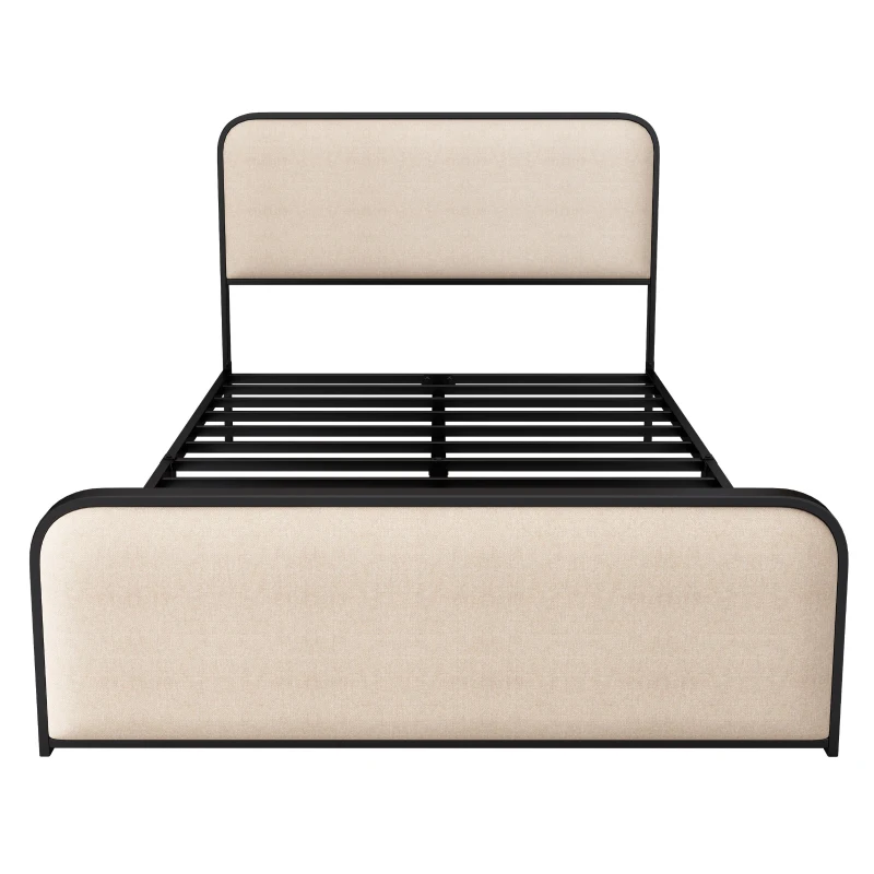 Vinsetto Modern Full Size Metal Bed Frame with Curved Upholstered Headboard and Footboard, Under Bed Storage, Heavy Duty Metal Slats, Beige