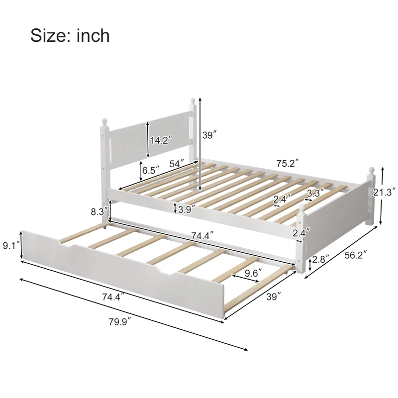 Vinsetto Full Size Solid Wood Platform Bed Frame with Trundle, No Box Spring Needed, Pine Wood and MDF, 79.9"L x 56.2"W x 39"H, White