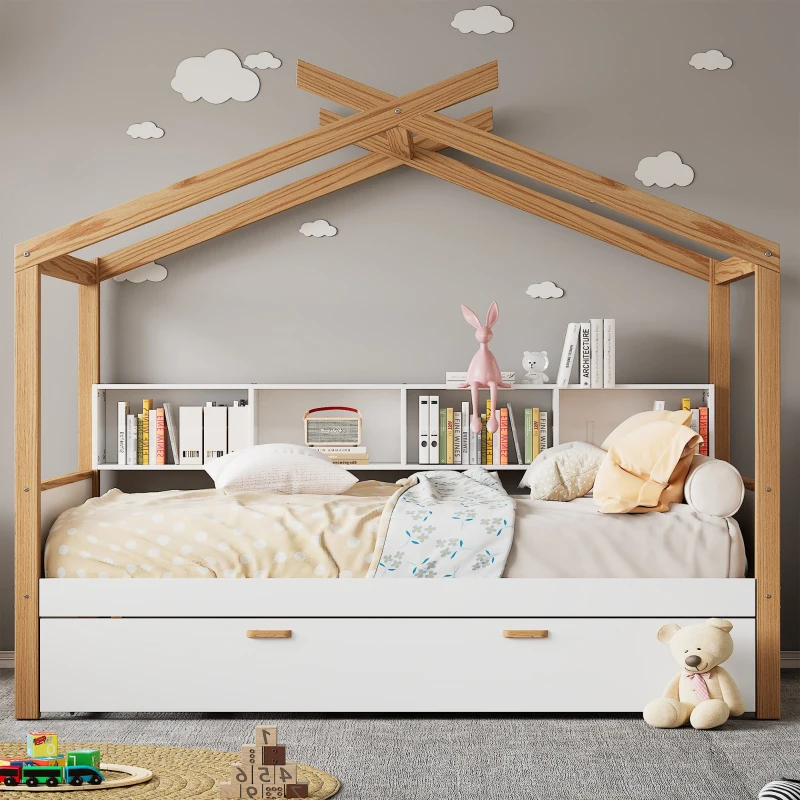 Twin Size Wooden House Bed with Trundle and Bookshelf Storage, Pinewood Frame, 80" x 40.5" x 67", White+Natural