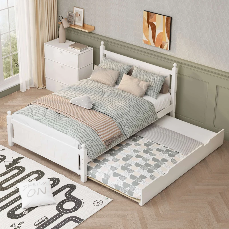 Vinsetto Full Size Solid Wood Platform Bed Frame with Trundle, No Box Spring Needed, Pine Wood and MDF, 79.9"L x 56.2"W x 39"H, White