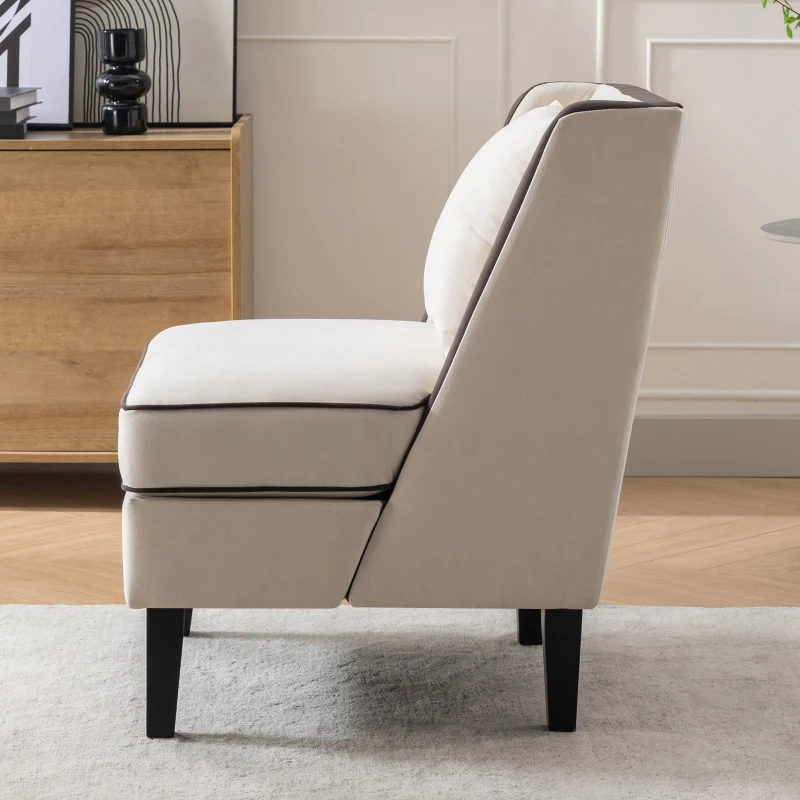 Velvet Upholstered Accent Chair with Black Piping, Thick Padded Cushion, Solid Wood Legs, and Additional Back Pillow, 24.25" x 21" x 26.25", Cream