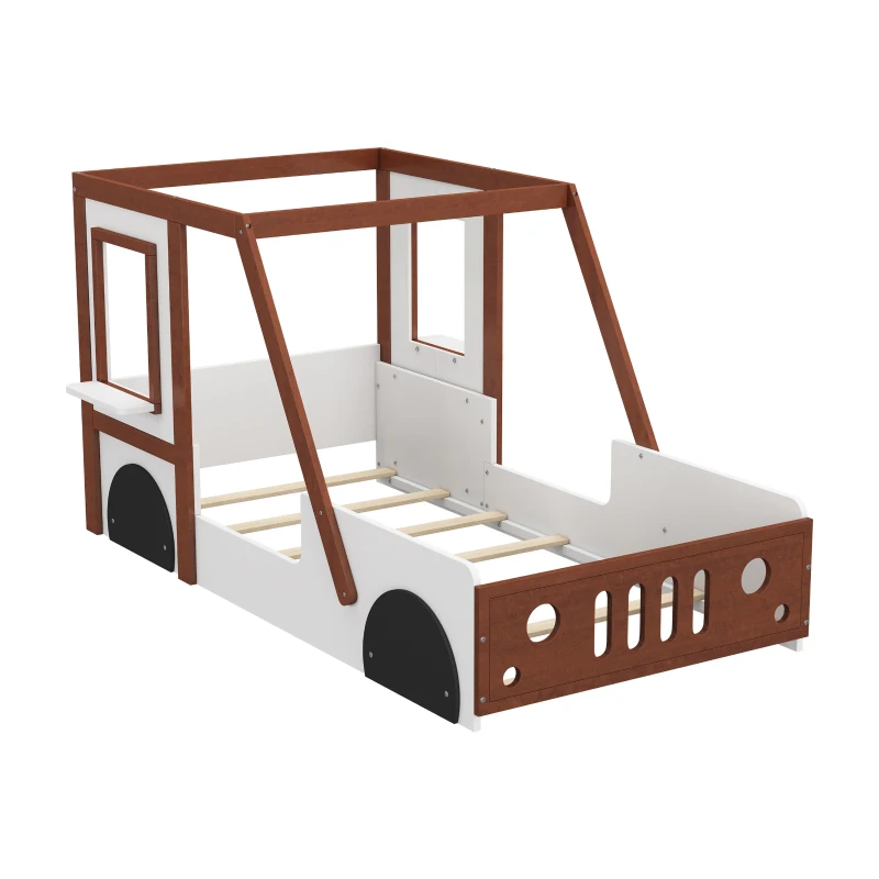 Twin Size Car Bed for Kids, Solid Wood Frame, Fun Play Design with Wheels, Doors, and Windows, 77" x 41.3" x 41.1", White+Orange