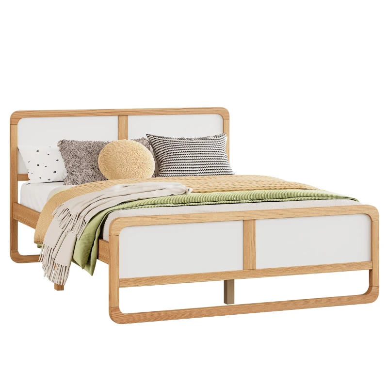 Vinsetto Modern Style Queen Size Solid Wood Platform Bed, No Box Spring Needed, Smooth Edges, 440 LBS Weight Capacity, Pine Wood + MDF, White+Walnut