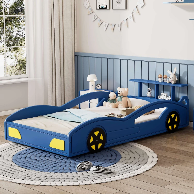 Car-Shaped Platform Twin Bed with Wheels and Storage Space, Safety Rails, Wooden Race Car Bed, 77.6" x 41.3" x 20.6", Blue
