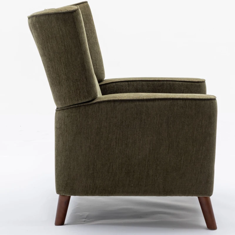 Mid Century Chenille Wingback Recliner Chair with Armrest and Solid Wood Legs, Button Tufted Pushback Recliner, 34.25" x 34.25" x 41.0", Green