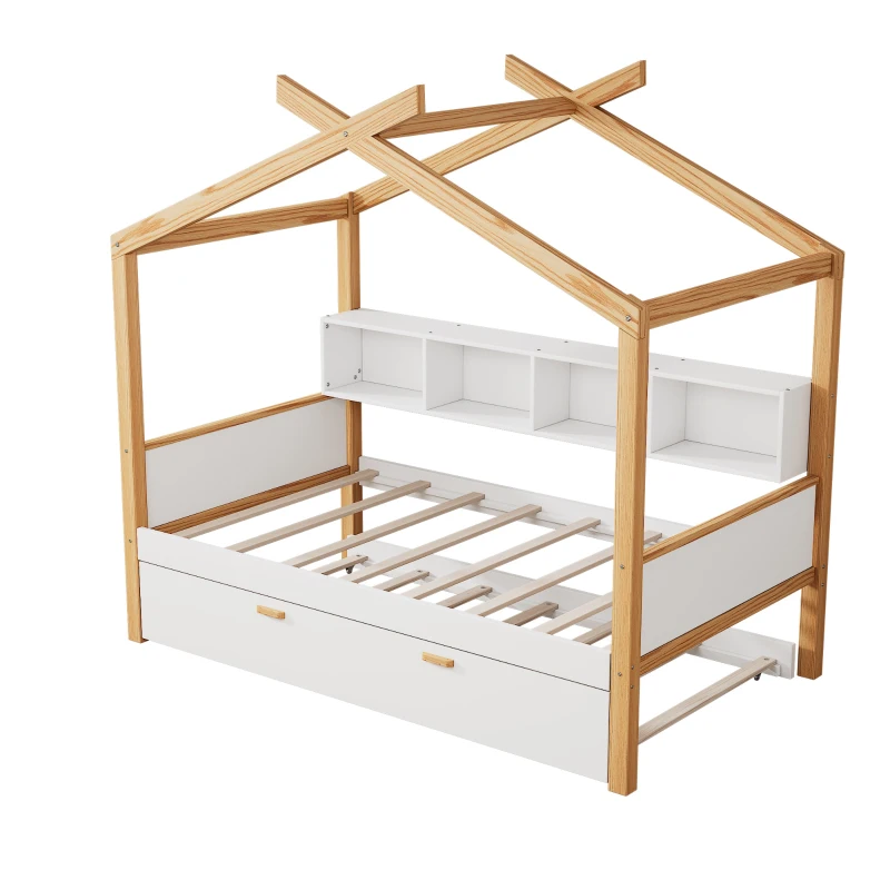 Twin Size Wooden House Bed with Trundle and Bookshelf Storage, Pinewood Frame, 80" x 40.5" x 67", White+Natural