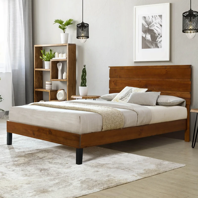 Vinsetto Mid-Century Modern Full Size Solid Wood Platform Bed with Three-Piece Headboard, No Box Spring Needed, 79.92" x 55.12", Brown
