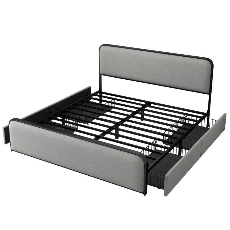 Vinsetto King Size Modern Metal Bed Frame with Curved Upholstered Headboard and Footboard, 4 Storage Drawers, Heavy Duty Metal Slats, 1000 lbs Capacity, Grey