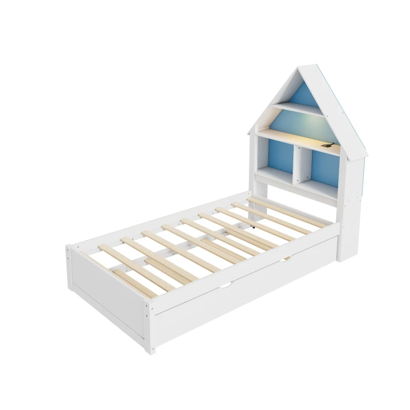 Twin Size House-Shaped Bed with Bookcase Headboard, LED Light, and Trundle for Kids, Solid Pine and MDF Construction, 79.92" x 18.31" x 5.91", White+Blue