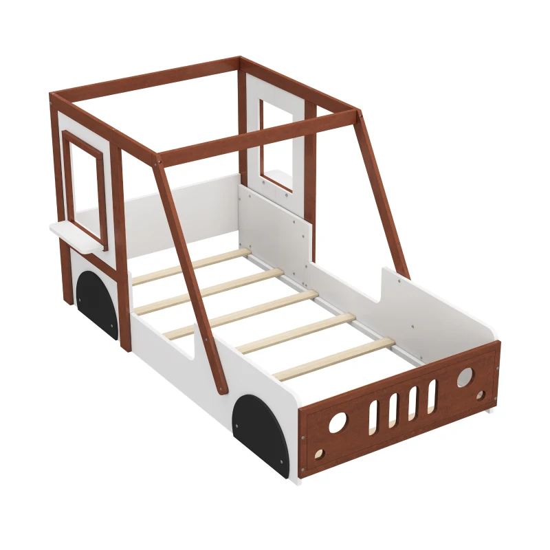 Twin Size Car Bed for Kids, Solid Wood Frame, Fun Play Design with Wheels, Doors, and Windows, 77" x 41.3" x 41.1", White+Orange
