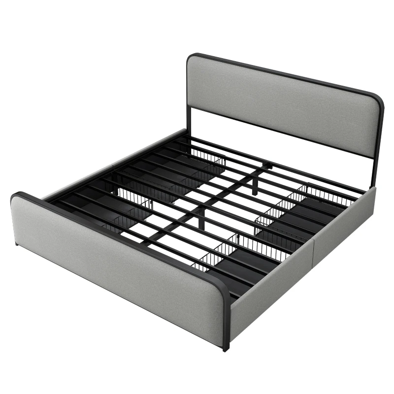 Vinsetto King Size Modern Metal Bed Frame with Curved Upholstered Headboard and Footboard, 4 Storage Drawers, Heavy Duty Metal Slats, 1000 lbs Capacity, Grey