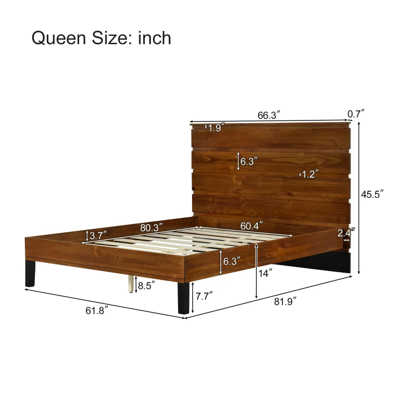 Vinsetto Mid-Century Modern Solid Wood Queen Bed Frame with Six-Piece Headboard, No Box Spring Needed, Easy Assembly, Brown