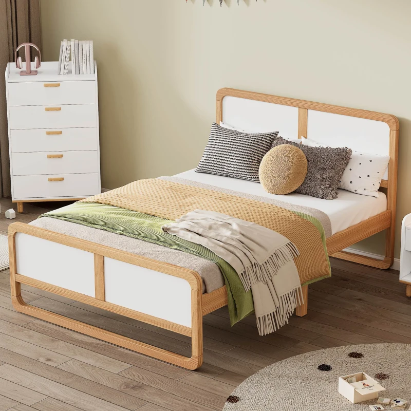 Vinsetto Modern Style Queen Size Solid Wood Platform Bed, No Box Spring Needed, Smooth Edges, 440 LBS Weight Capacity, Pine Wood + MDF, White+Walnut
