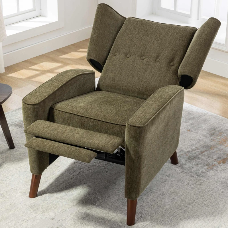 Mid Century Chenille Wingback Recliner Chair with Armrest and Solid Wood Legs, Button Tufted Pushback Recliner, 34.25" x 34.25" x 41.0", Green