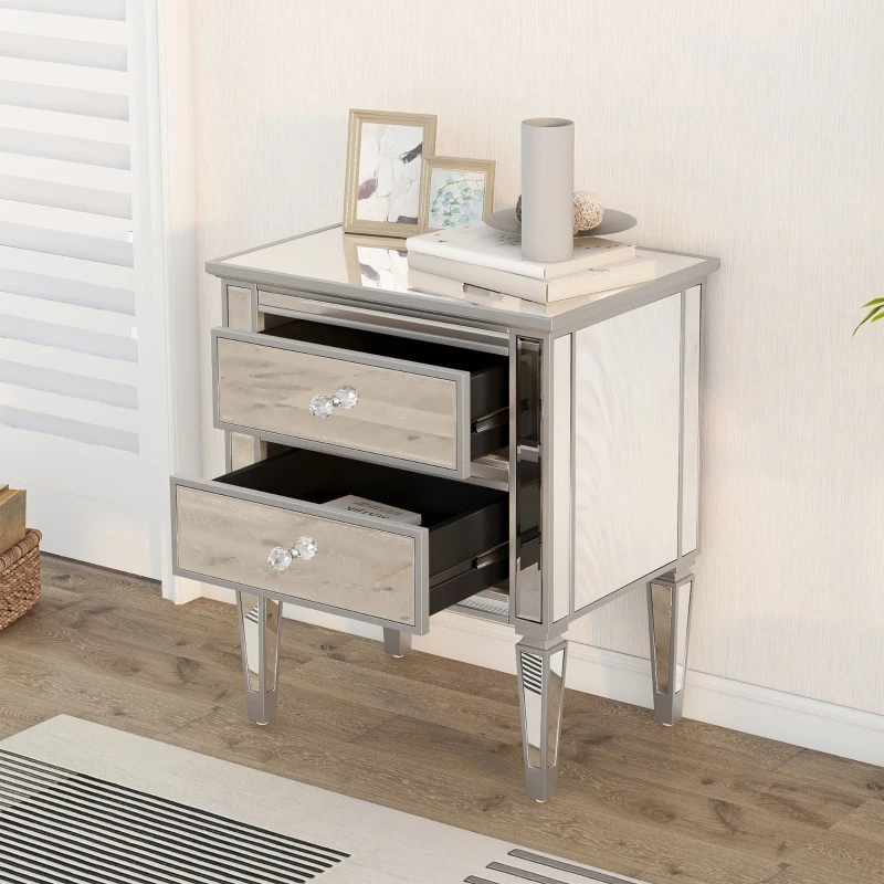 Elegant Mirrored Side Table with 2 Drawers, Modern Silver Finish, Crystal Handles, and Arrow-Shape Legs, 24" x 18.1" x 28.3", Silver