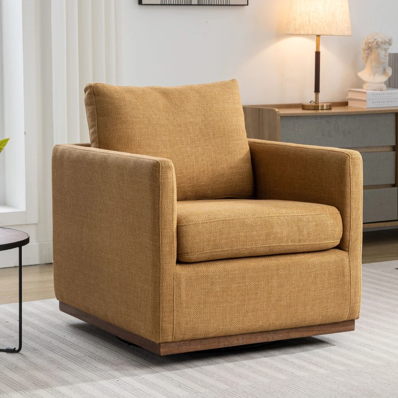 Mid Century Modern Swivel Accent Chair, 360-Degree Rotation, Rubber Wood Base, Linen Upholstery, 33.9" L x 30.3" W x 35" H, Mustard Yellow