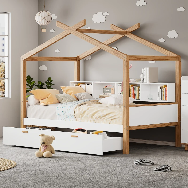 Twin Size Wooden House Bed with Two Drawers and Bookshelf Storage, Pinewood Frame, 80" x 40.5" x 67", White+Natural