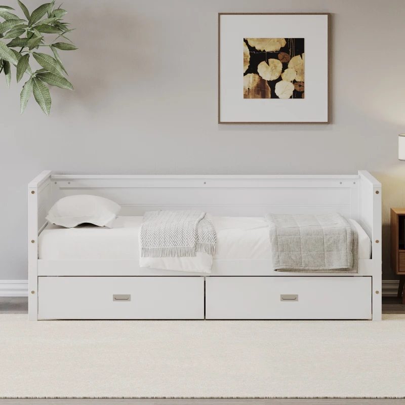 Vinsetto Twin Size Solid Wood Daybed with Two Drawers, No Box Spring Needed, Pine Wood Frame, 79"L x 41"W x 29.5"H, White
