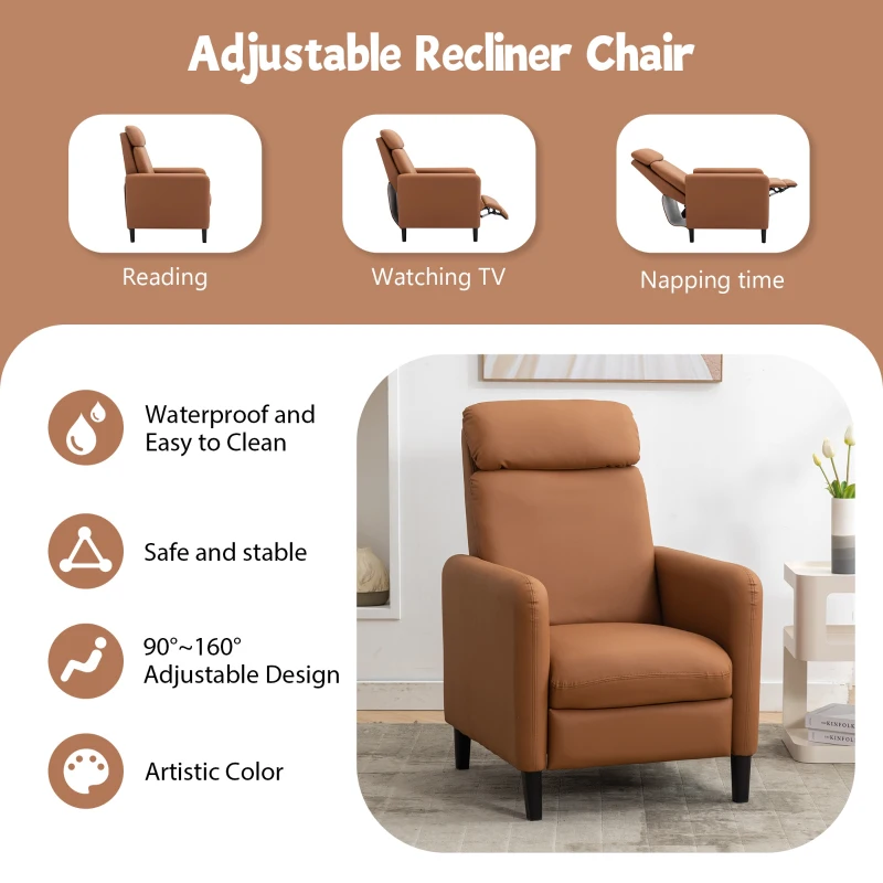 Modern Adjustable Recliner Chair, PU Leather, Fully-Padded, Water-Resistant, 330 lbs Capacity, 27.2" x 33.1" x 41.3", Burnt Orange