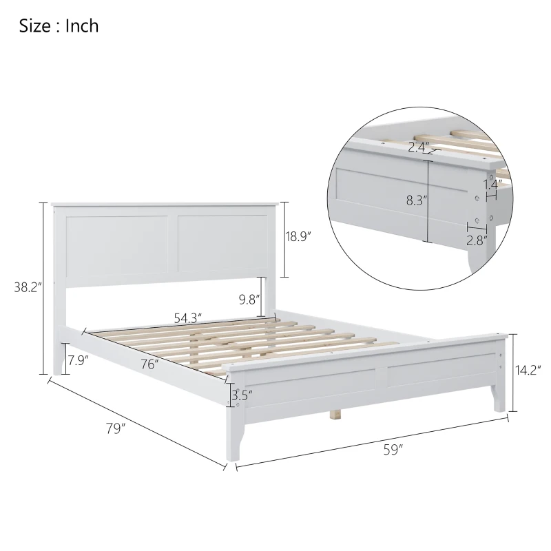 Modern Solid Wood Full Platform Bed, Pine Wood and MDF Frame, Slat Design Headboard, 600 lbs Capacity, No Box Spring Required, Adjustable Bed Compatible, White