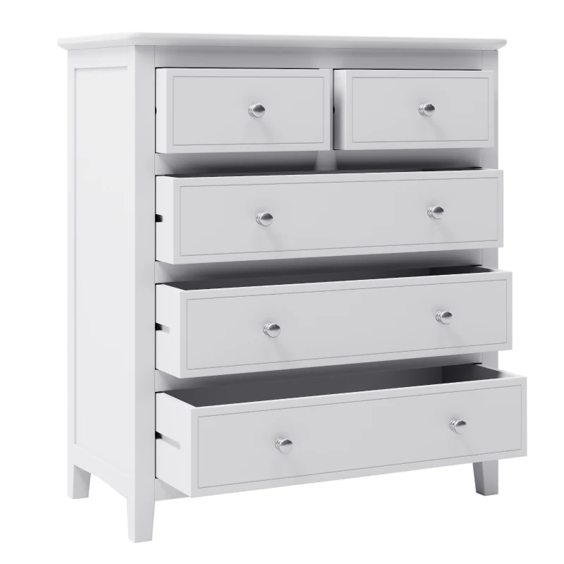 Vinsetto 5-Drawer Solid Wood Chest with Pine Wood Frame, Smooth Glide Drawers and Safety Stops, 40.75" x 35.63" x 18.7", White