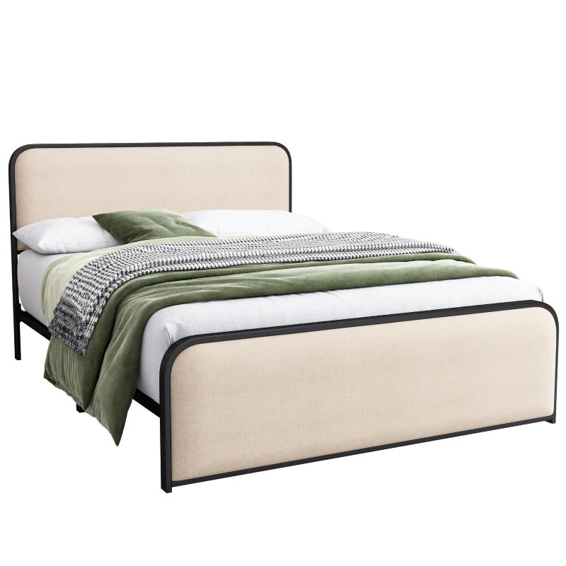 Vinsetto Modern Queen Size Metal Bed Frame with Curved Upholstered Headboard, Under Bed Storage, Heavy Duty Metal Slats, Beige