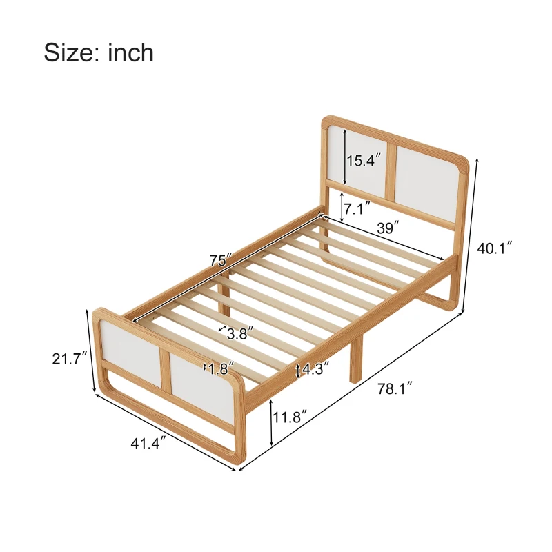 Vinsetto Modern Twin Size Solid Wood Platform Bed for Kids, Teens, Adults, No Box Spring Needed, Pine Wood Frame, 220 LBS Weight Capacity, 78.1"x41.4"x40.1", White+Walnut
