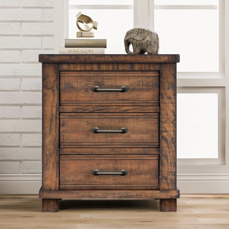 Rustic Three Drawer Reclaimed Solid Wood Farmhouse Nightstand with Full Extension Drawer Glides and Bronze Iron Handles, 24" x 17" x 25.6", Natural